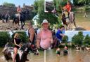 Ken Flax from Gateshead (centre) and surrounding pictures of people washing their horses in the river at the Appleby Horse Fair, 2023