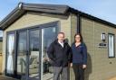 Karl Smalley, Director of Luxihomes and North Lakes Country Park, with Gemma Pudsey, Business Development Manager of Willerby, with the new all-electric Dorchester model at North Lakes.