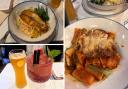 Clockwise from top left: seared fillet of salmon; chicken parmesan; pint of Blue Moon and a Raspberry Ripple Daiquiri