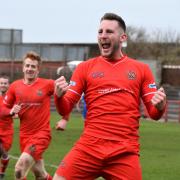 Celebration: Brad Carroll’s reaction to his first half goal in Reds’ win over Clitheroe                                      Ben Challis