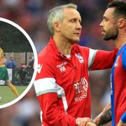 Keith Millen, main picture, consoles Crystal Palace's Damien Delaney after the 2016 FA Cup final at Wembley. Inset: Carlisle's first round opponents Horsham (photos: PA/John Lines)