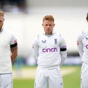 Ben Stokes, left, with team-mates Ollie Pope and Ben Foakes, observe a minute's silence for the Queen (photo: PA)