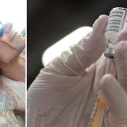 Vikki Spit alongside Zion. Pictured with file picture of AstraZeneca vaccine
