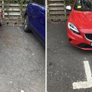 Myra's car parked in a Cumberland Infirmary car park, showing the wearing down of the paint of the bay lines
