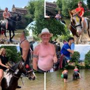 Ken Flax from Gateshead (centre) and surrounding pictures of people washing their horses in the river at the Appleby Horse Fair, 2023