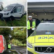 Clockwise from top left: PC Brockbank chats to the Transit man while Insp Stabler inspects the van; Insp Stabler (left) and PC Brockbank at the station; Insp Stabler and PC Brockbank chat to the DPD delivery driver