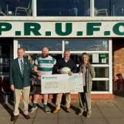 Penrith RUFC President David Snaith with joint 1st team Captain Adam Howe, Anthony Mansfield, Persimmon MD and Councillor Virginia Taylor