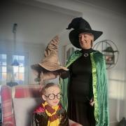 Harley Shields and his Granny/teacher going into Yewdale school together. Harley dressed as Harry Potter and Mrs Richardson dressed as Professor McGonagall.