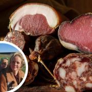 Charcuterie sold and made by Stonehouse Smokery (main pic) and inset pic of (l-r) Lee Scrimgeour, child Soren and wife Rochelle