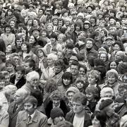 Crowds of people in Carlisle waiting to see Princess Diana, the Princess of Wales