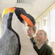 Antartic day at High Hesket C of E School. Nursery school pupils Joe Dixon and Marlee Higgins with the lifesize model of an Emperor Penguin: 28 February 2013
STUART WALKER 50045178F000.JPG