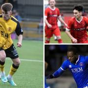 Kai Nugent, left, came off the bench in Annan's vital win, while Sam Hetherington, top right, got another start for Workington. Bottom right, Olufela Olomola was among the ex-Blues on target on Saturday
