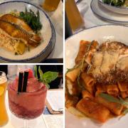 Clockwise from top left: seared fillet of salmon; chicken parmesan; pint of Blue Moon and a Raspberry Ripple Daiquiri