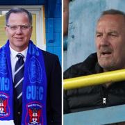 United, under Tom Piatak, left, have awarded the East Stand contract to former Blues owner Fred Story's firm, right