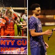 Contrasting emotions...Workington, left, lift the trophy while Jordan Gibson, right, collects his runners-up medal with United