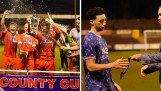 Contrasting emotions...Workington, left, lift the trophy while Jordan Gibson, right, collects his runners-up medal with United