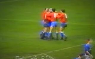 United celebrate John Halpin's goal at Peterborough in 1989 - a true work of modern art