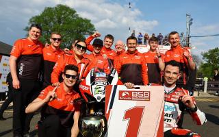 Glenn Irwin, front right, and the PBM team after their three victories at Oulton