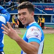 Tee Ritson celebrates his four try-showing against London Skolars Picture: Gary McKeating