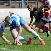 Try time: Workington Town’s Conor Fitzsimmons scores against Doncaster