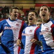 Michael Bridges, Paul Thirlwell and Richard Keogh show their emotion at Thirlwell's late equaliser against Swindon in December 2008