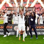 Bromley's captain, ex-Carlisle defender Byron Webster, lifts the play-off winners' trophy at Wembley
