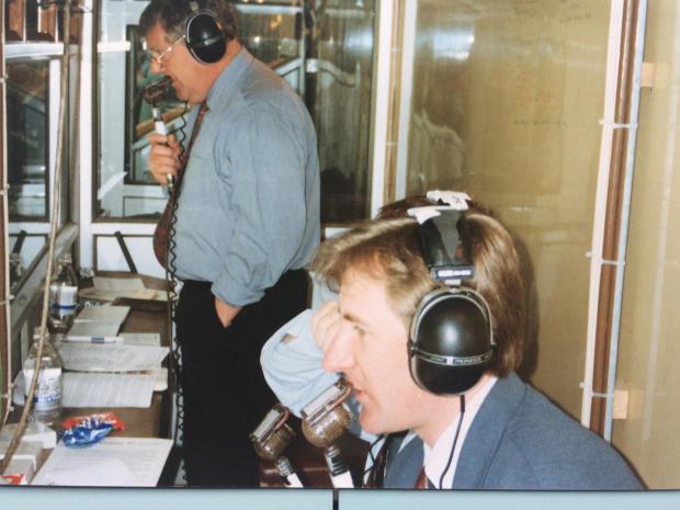 News and Star: Nick Barnes and Derek Lacey, standing, commentating at Wembley in 1995