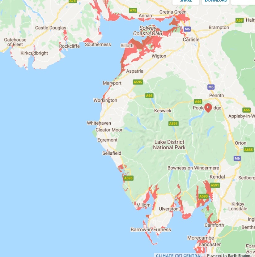 The areas of Cumbria that could be under water by 2050. Picture: Climate Central