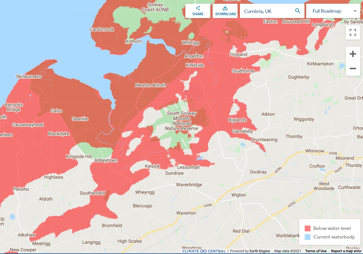 Map showing that the Solway Coast could be under water by 2050. Picture: Climate Central