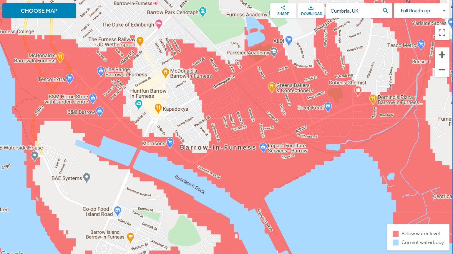 Most of Barrow looks set to be under water by 2050. Picture: Climate Central