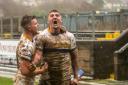 Connor Holliday celebrates his try for Whitehaven Picture: Tom Kay