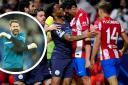 Scott Carson, inset, was seen in tunnel footage after the heated clash between Atletico Madrid and Manchester City (photos: PA)