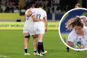 Abbie Ward and Emily Scarratt arm in arm after the defeat to New Zealand. Inset, the Keswick star started for England in the final