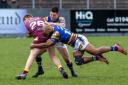 Whitehaven's James Newton and Dion Aiye with the defensive stop against Batley Bulldogs at the LEL Arena