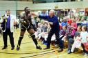 American Wrestling show at the Whitehaven Sports Centre. pic MIKE McKENZIE 18th Oct 2014BULLY BOY TACTICS: European heavyweight challenger Valkanious has a go at Johnny Moss's dad John before he got in the ring to challenge John for his belt.   pic