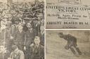 Carlisle United fans at Brunton Park in 1936, left; top right, our headline as United beat Orient in the FA Cup in 1936; bottom right, visiting keeper Hillam pictured during the Brunton Park game