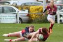 Timely tackle: Carlisle Rugby Club's Jess Hetherington makes a vital stop (Photos: Sally Evans)