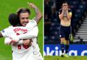 Jack Grealish celebrates with England scorer Raheem Sterling, left; Scotland's Andy Robertson shows his disappointment, right (photos: PA)