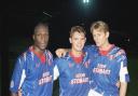 Dean Walling, Tony Gallimore and David Reeves pose for the cameras after scoring in Brunton Park's first live televised game
