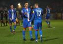 Substitute Corey Whelan, right, with Rod McDonald after Carlisle United's win at Stevenage (photo: Richard Parkes)