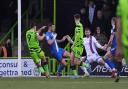 Matty Stevens strikes Forest Green's second goal against Carlisle United (photo: Richard Parkes)