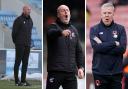 Colchester's Wayne Brown, left, Scunthorpe's Keith Hill, centre and Leyton Orient's Kenny Jackett, right, all see their struggling sides in League Two action tonight (photos: Barbara Abbott / PA)