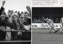 United fans, left, celebrate promotion after Pop Robson's goal, right