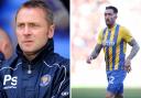 Paul Simpson, left, will return to one of his former clubs to take on Shrewsbury whose squad includes Cumbrian Ryan Bowman, right (photos: PA)