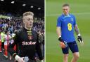 Jordan Pickford, left, pictured ahead of one of his 18 Carlisle United appearances; and right, training with England ahead of their World Cup quarter-final against France