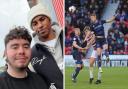 Marcus Rashford poses for a photo with Carlisle fan Ashton Tyers at Doncaster, left, before watching the Blues' 2-1 defeat at the Eco-Power Stadium, right