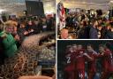 Carlisle fans, left, prepare to knock back hundreds of Jagermeisters in the Cask and Feather, top right, before the victory at Rochdale, bottom right