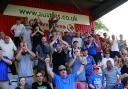 Fans celebrate the second Carlisle goal - Stevenage v Carlisle United, Lamex Stadium, Skybet League1 - Photographer Barbara Abbott, NO UNAUTHORISED USE