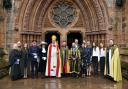 The new dean with his family, the Bishop of Penrith, the Mayor of Carlisle, Cathedral clergy and the high Sherriff of Cumbria
