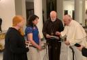 Antonia Sobocki (in blue) meets Pope Francis. To her left is campaigner Maggie Mathews and to her right Cardinal Sean O'Malley.
